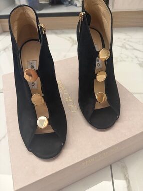 Jimmy Choo Black Suede Open-Toe Booties with Gold Disc Accents